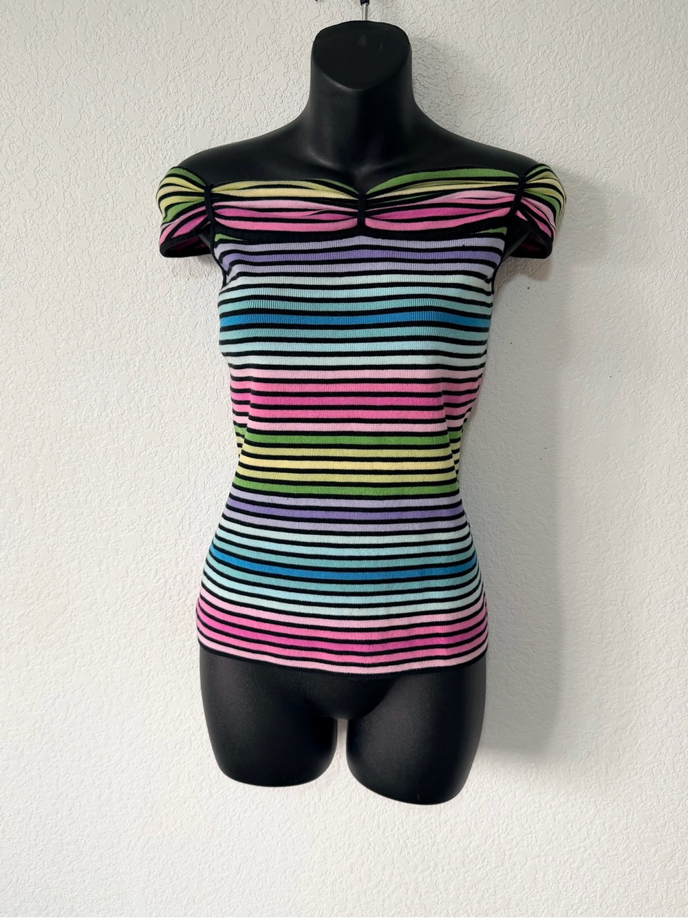 Vintage Dana Dutchman Striped Off-Shoulder Knit Top in Multi-Color